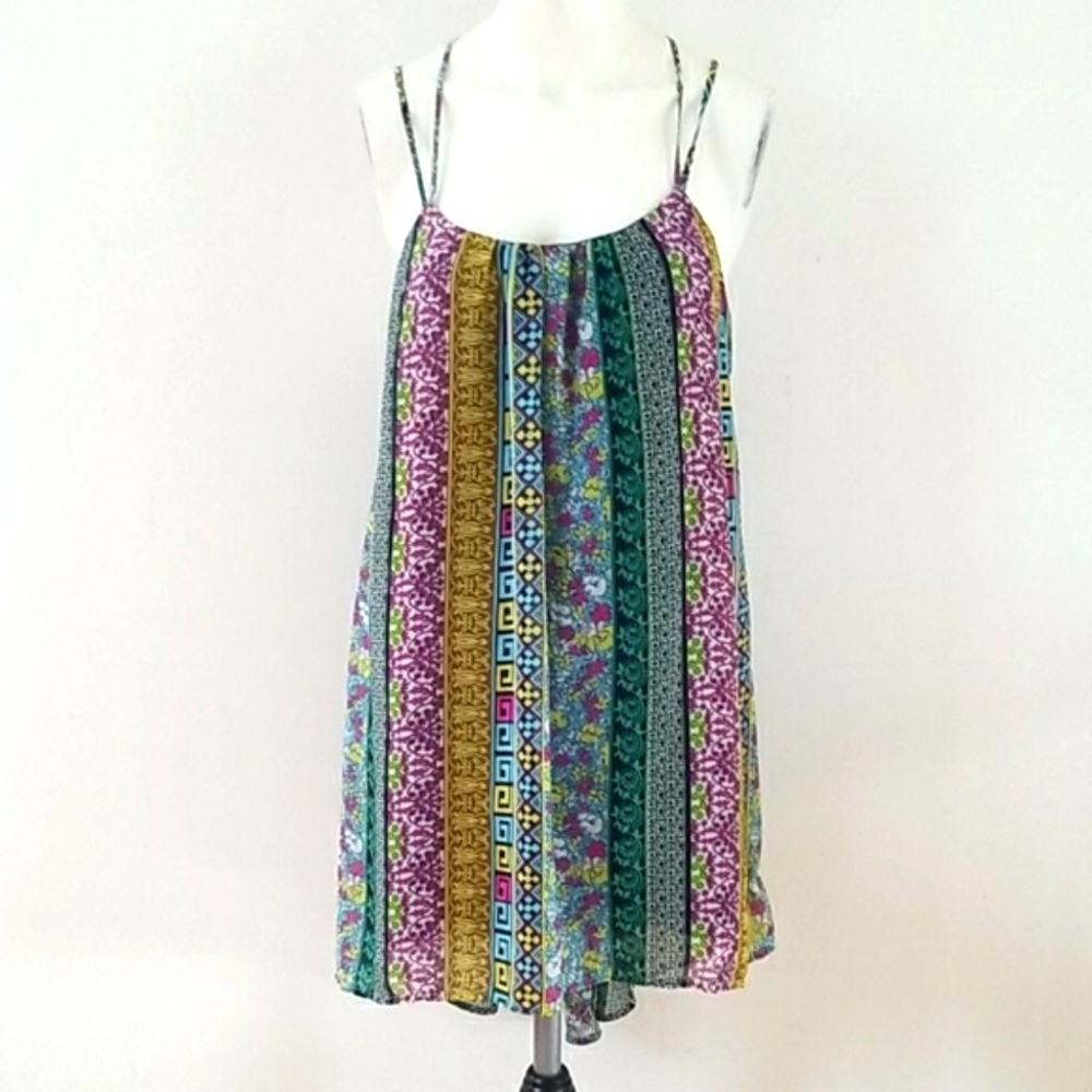 inTu Multi Color Stripe Floral Loose Fit Strap Hi Low Knee Leng Dress, Size S